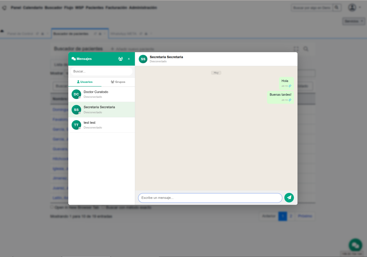 Captura de pantalla de la ventana del chat interno para el openemr