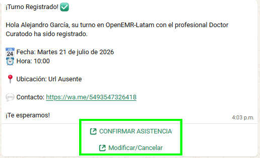 Mensaje de WhatsApp - Turno