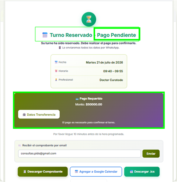 Turno reservado con Pago pendiente
